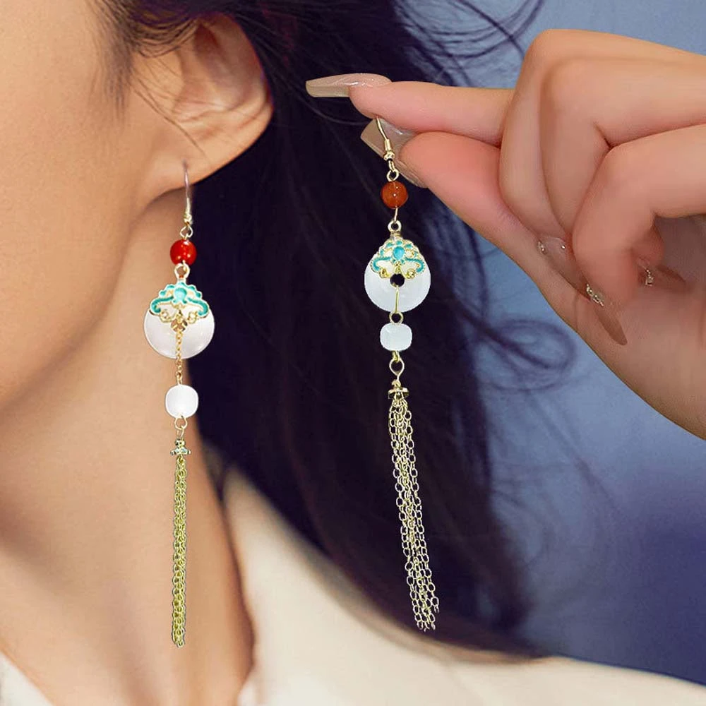 Chinese Antique Style Hanfu Tassel Earrings Long Tassel Ear Drop Ping An Buckle Shape Cheongsam Tassel Ear Hooks Dangle Earrings