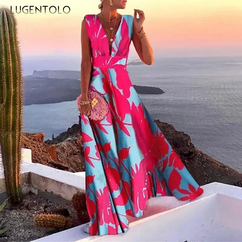 Women Elegant Temperament Dress Sleeveless Summer Thin Sexy Deep-v Neck Lady Empire Big Swing Party Maxi Clothing view 3