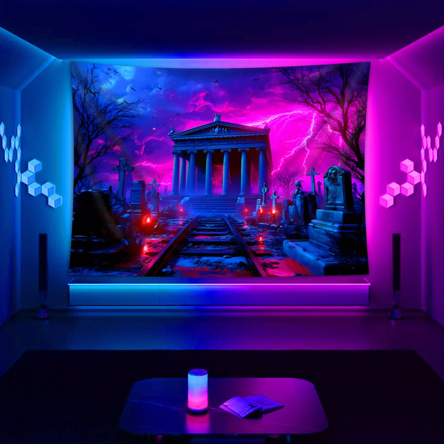 VIKAMA Dark Night Castle Wandteppich, Blitz, Friedhof, Gothic-Architektur, audiovisueller Raum, Fluchtraum, dunkles Dekor