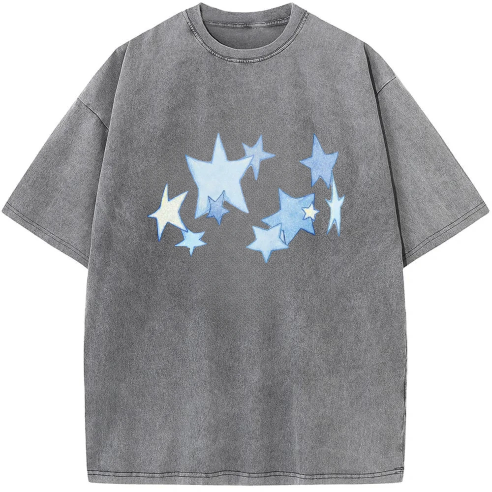 Heavyweight Fashion Star Printed Washed T-shirts Casual Pure Cottons High Quality Short Sleeve O-neck Chic Tops Tees