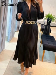 D​rauuing Black Ankle Length Dresses Women V Neck Long Sleeve Loose Elegant Office Lady Fold Dresses Women Autumn New