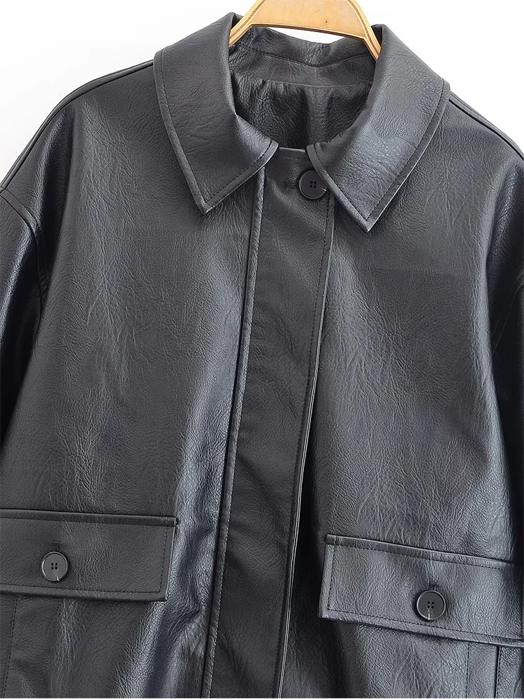 European style new women's fashion versatile temperament loose pocket imitation leather pilot jacket leather coat