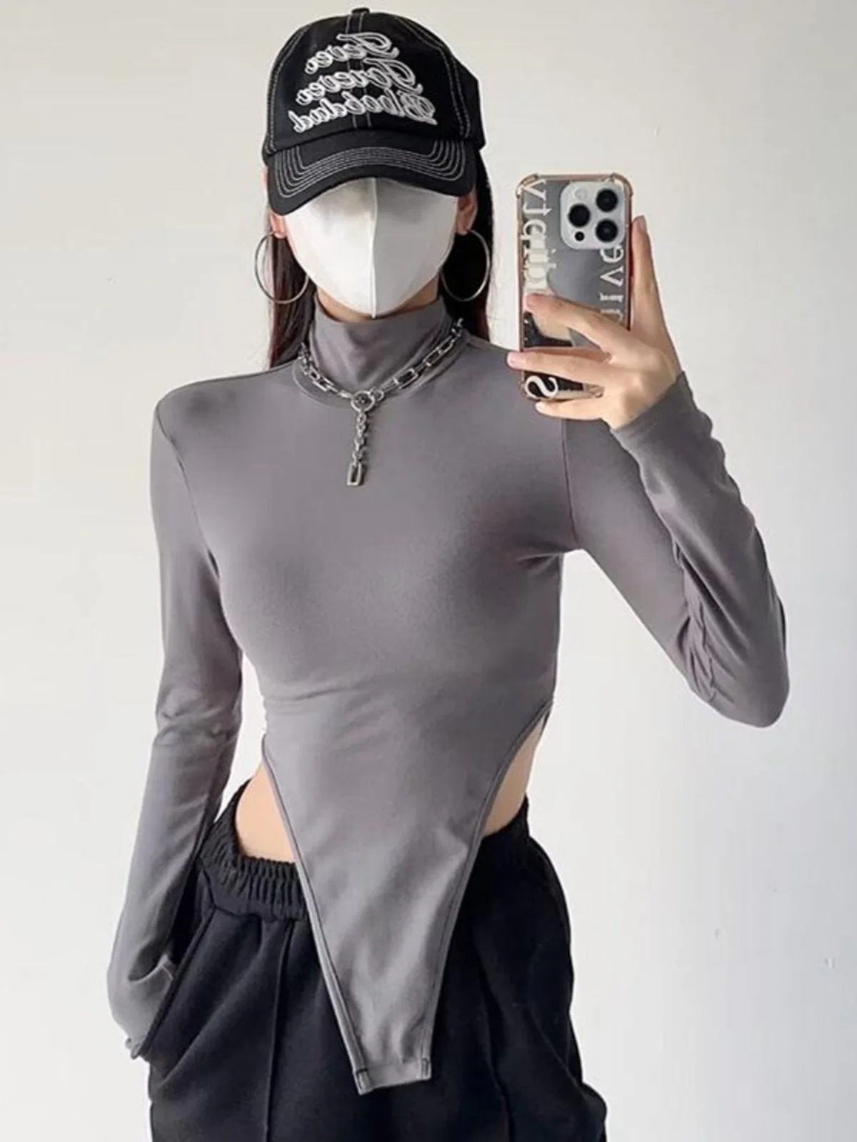Sexy High Collar Hot Pure Desire High Split  Elastic Tight Top Street Sle Long Sve Cotton Blend Base irt