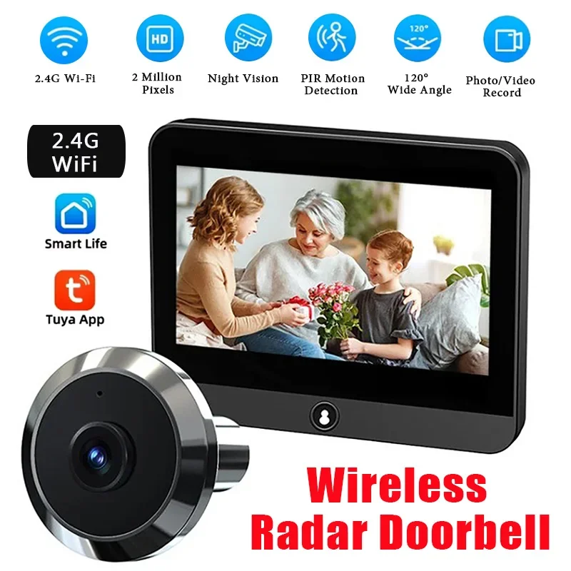 Tuya Wireless Radar Doorbell 4.3 Inch 1080P Digital Door Peepholes Camera Eye Video Doorbell PIR Night Vision Motion Detection