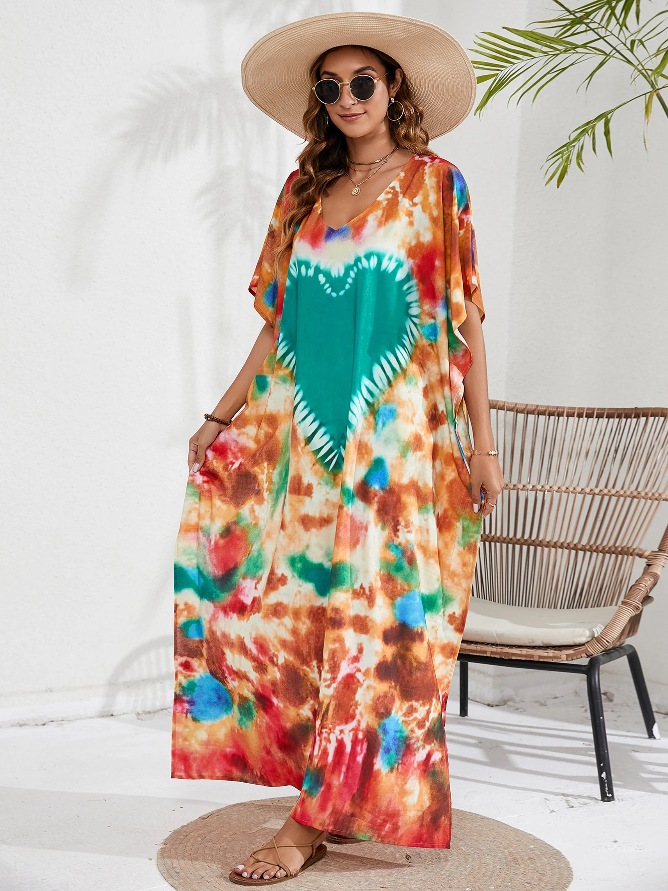 

Summer Beach Boho Tie-Dye All Over Print V-Neck Side Slit Vacation Dress Beach Cover Up