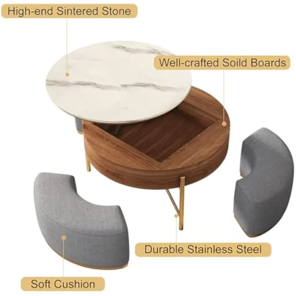 32'' Lift Top Coffee Table Set, Round Marble Coffee Table with Storage and Nesting Ottomans - Modern and Functional Living Room
