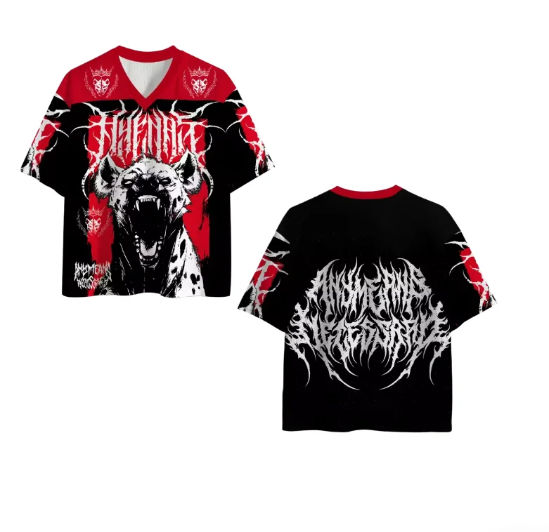 2026 Unisex V‑Neck T‑Shirt, 3D Hyena Print Retro Metal Punk Streetwear, Black Red Contrast Casual Sports Tee