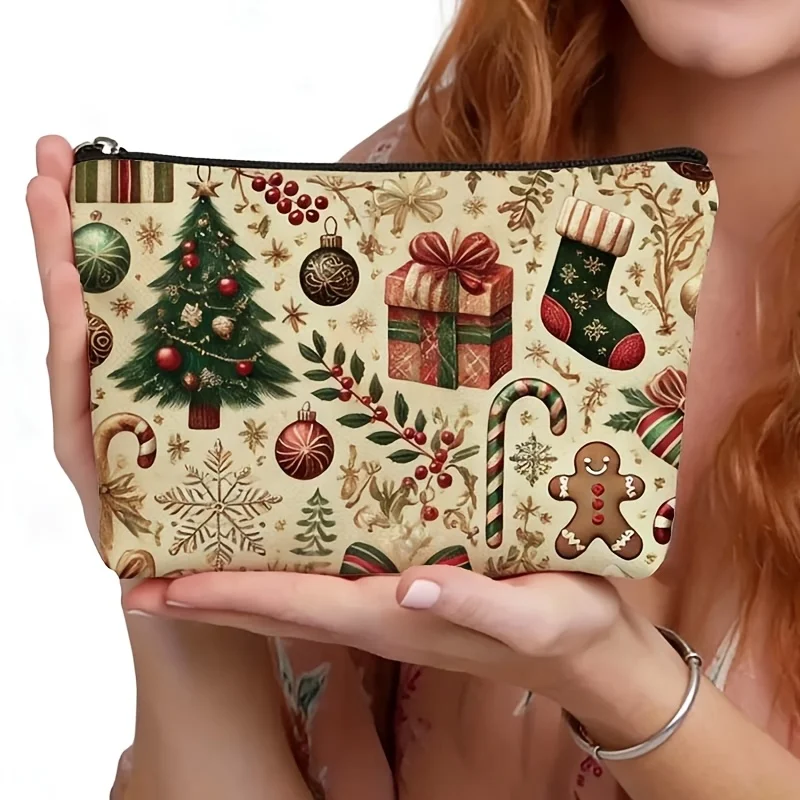 Christmas Element Print Makeup Bag Xmas Tree Gingerbread Man Cosmetic Pouch Holiday Travel Zipper Storage Pouch Xmas Gift
