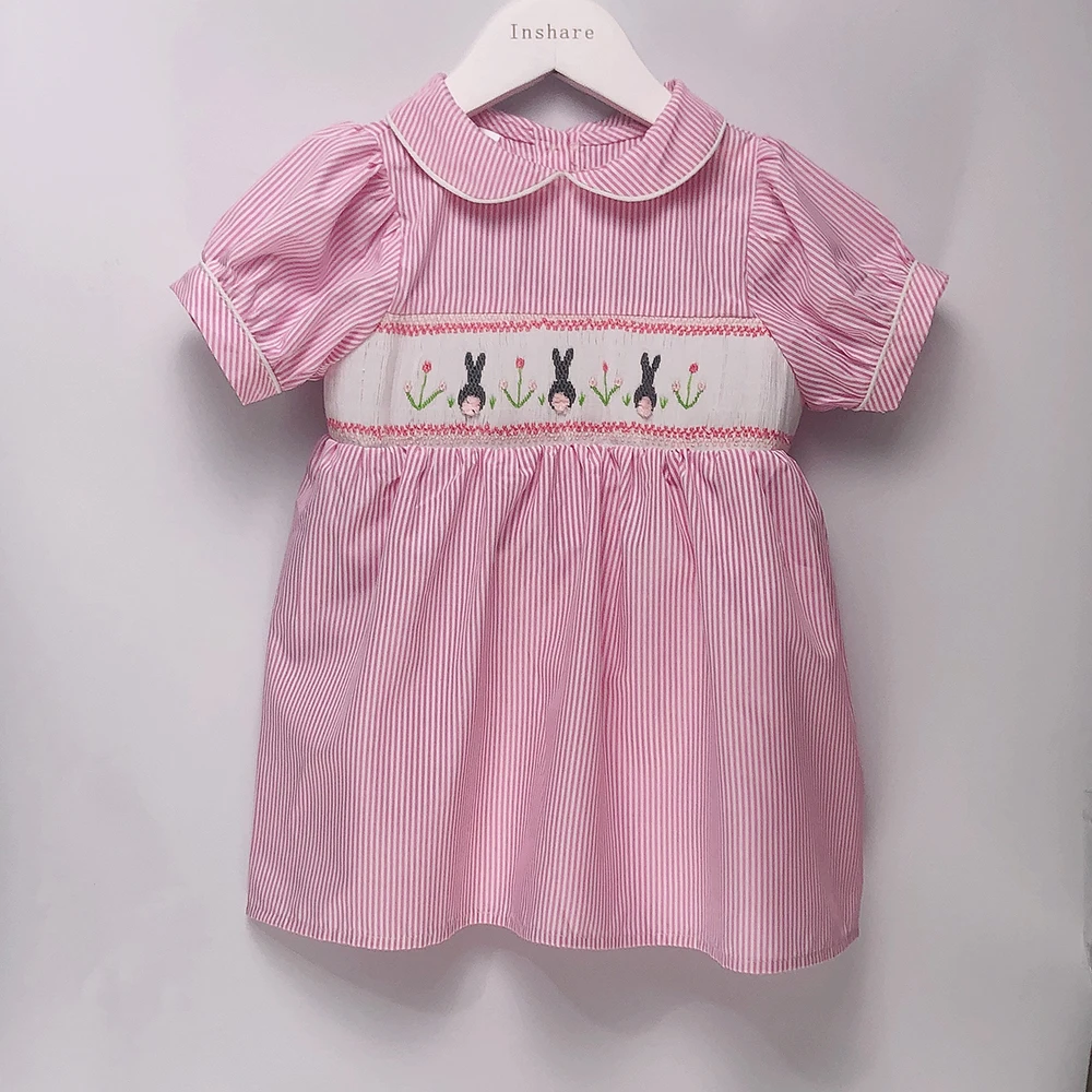 Children Boutique Clothing Summer Short Sleeve Boys and Girls Baby Striped Romper Handmade Smocked Rabbit Embroidery Cute Outfit