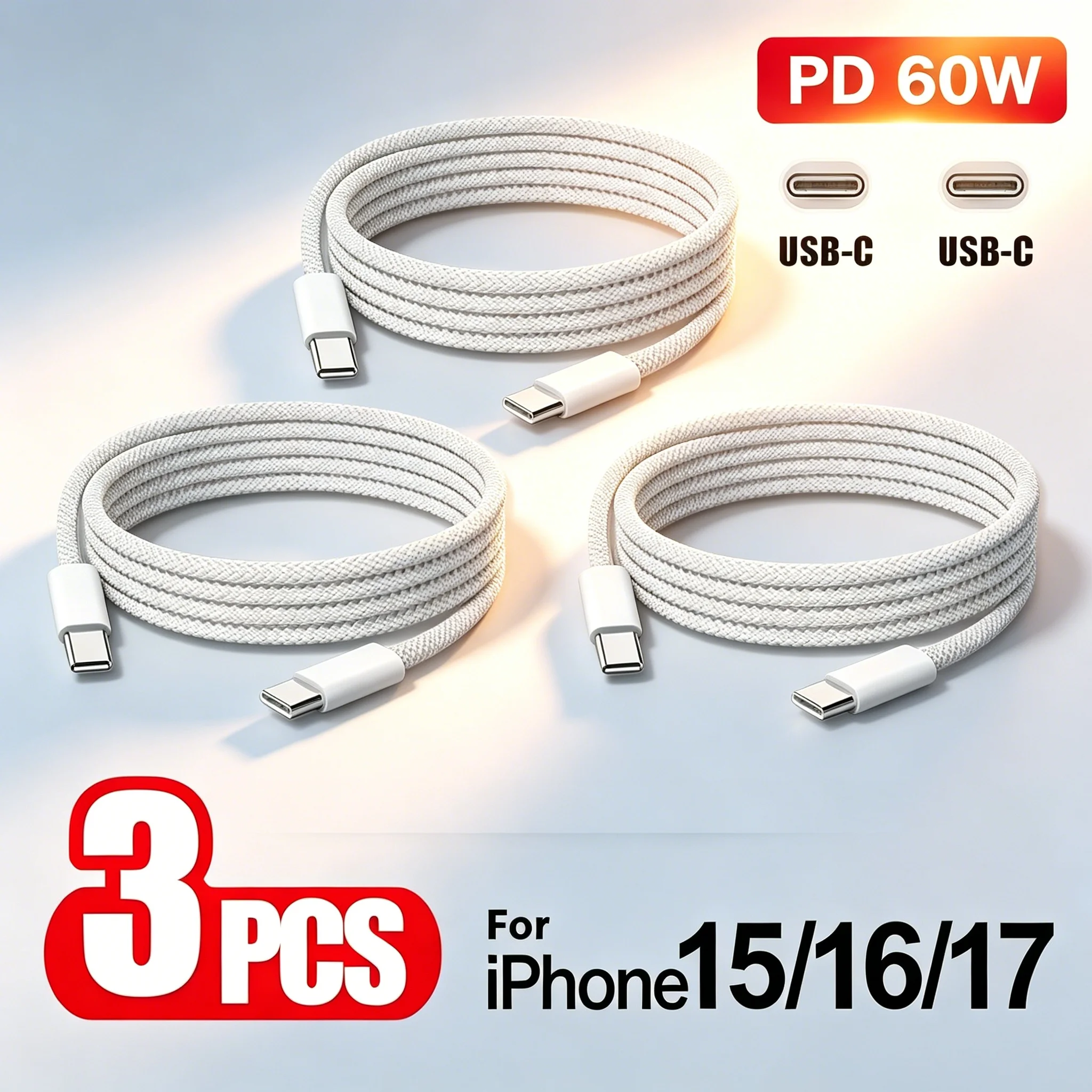 3Pcs 60W Type C Braided Fast Charge Cable USB-C Cord For iPhone 15 16 17 Pro Max Plus Samsung Xiaomi Redmi Huawei 1m 1.5m 2m
