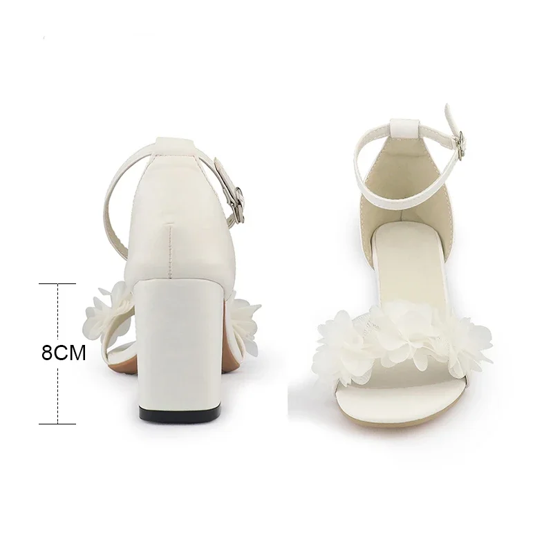 White Women Heels Flower Sandals Summer Wedding Shoes Bride Shoes Black Thick Heels Party Shoes Fashion Open Toe Women Pumps