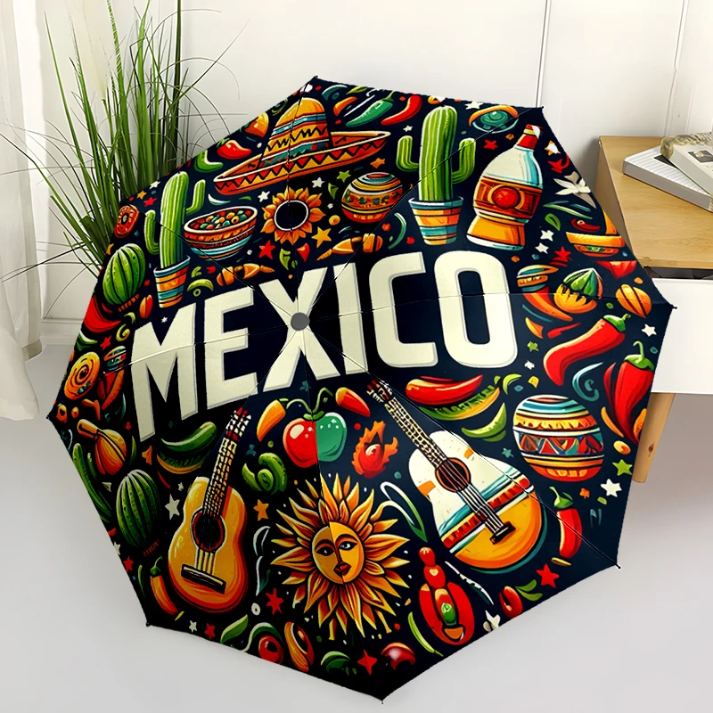 Mexico Theme Design Folding Umbrella - Fashionable Auto-Open Design 8 Iron Ribs Plastic Handle Foldable Sunshade，Perfect Gifts