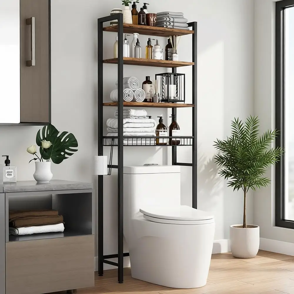 

4-Tier Vintage Brown Over-the-Toilet Storage Rack with Adjustable Shelves and Basket for Space-Saving Bathroom Organization