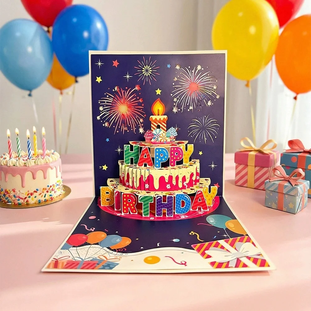 Dreidimensionale Pop-Up-Geburtstagskarten mit Licht und Sound, im Kuchen-Design für alle, einschließlich Frauen und Männer.