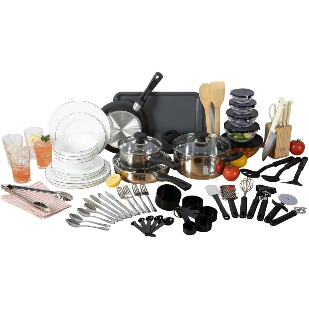 

74-Piece Kitchen Set with Pots Pans Dinnerware Cutlery Knife Block Utensils Tools Glasses Storage
