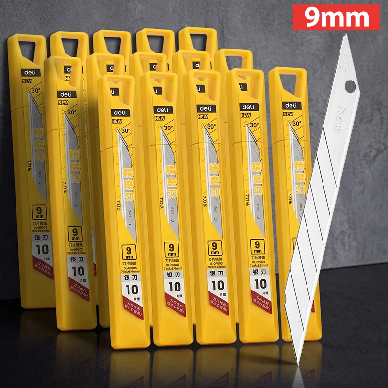 DELI 9mm Utility Knife Blades 0.4mm Thick 30° Snap Off Alloy Steel Replacement Blades for Precision Cutting & Craft