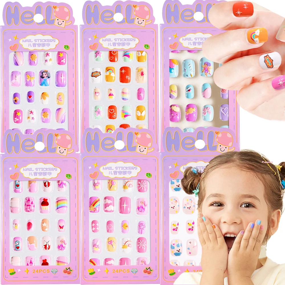 

24Pcs/box 5D Relief Pattern Kids False nails high quality Child Wearable Fake Nails Tips Cartoon Kawaii Acrylic Press on-nails8&