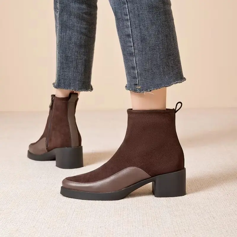 AIYUQI 2026 New Women's Short boots Genuine Leather Chunky Heel High Heel Boots female Large Size Pointed Toe Women Ankle Boots image 6