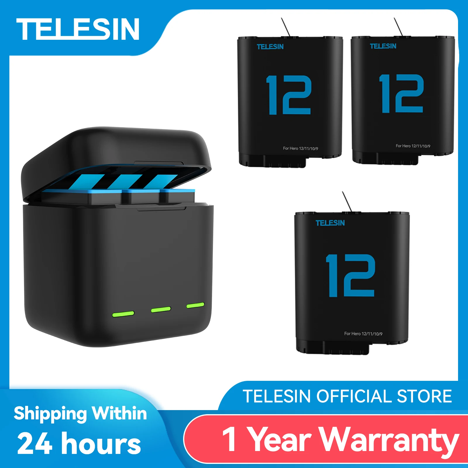 

TELESIN Battery for GoPro Hero 12 11 10 9 3 Ways LED Light Battery Charger TF Card Battery Storage For Gopro Hero Black