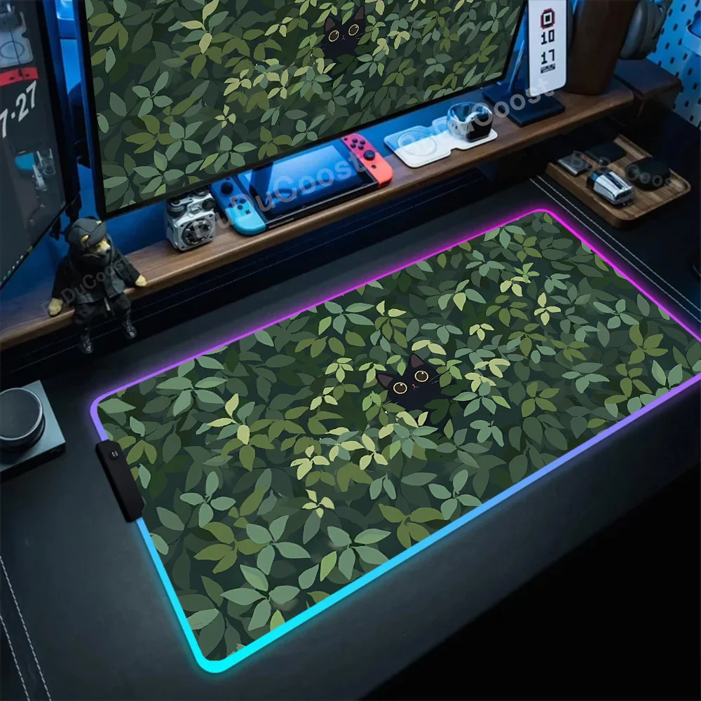 

XXL Lock Edge Large Deskmat Cat Plant Pc Gamer RGB Mouse Pad Natural Rubber Backlight Keyboard Pad Speed Anti-slip LED Mice Mat