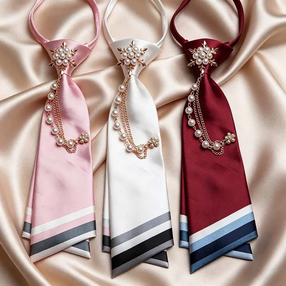 Smooth Satin Material Beaded Floral Tie No-Sew Design Pearl Chain Decoration Double-Layer Necktie Elastic Striped Decorative