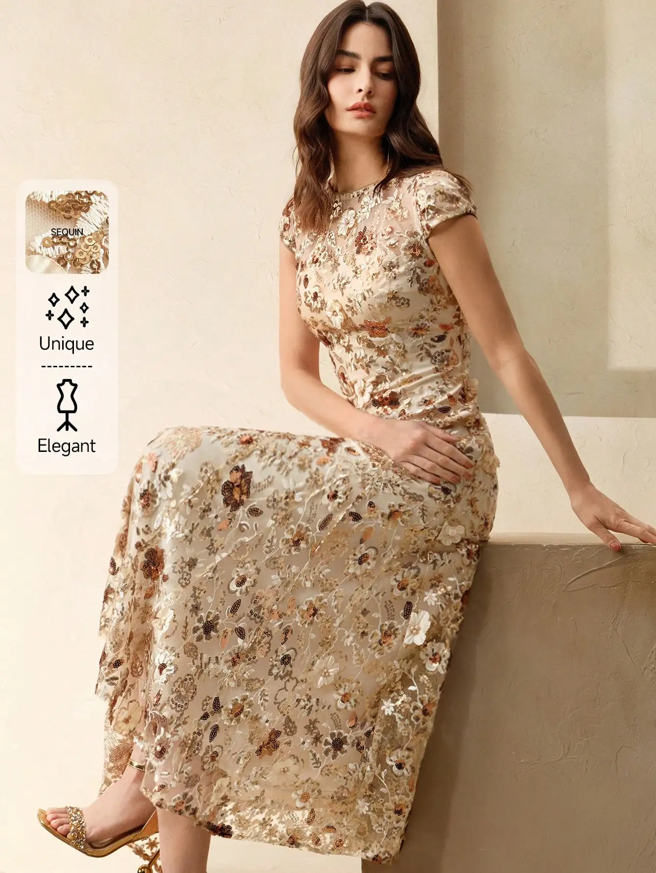 

Champagne Floral Sequin Embroidered Sheer Mesh Midi Dress With Cap Sleeves For Party Date Resort Wear