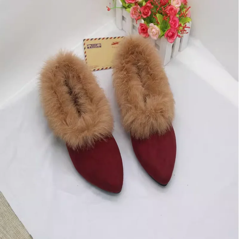 Spring and autumn winter outside to wear cashmere cotton ladle shoes single shoes women flat pointed lazy rabbit hair shoes smal