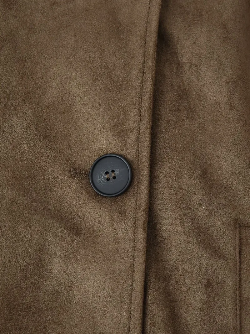 Damen-Weste aus Wildlederimitat, ärmellos, doppelreihig, mit selbstbindendem Gürtel, hohem Kragen, Taschen, Schulterklappen, Oberbekleidung, Top 2026 – Detail 12