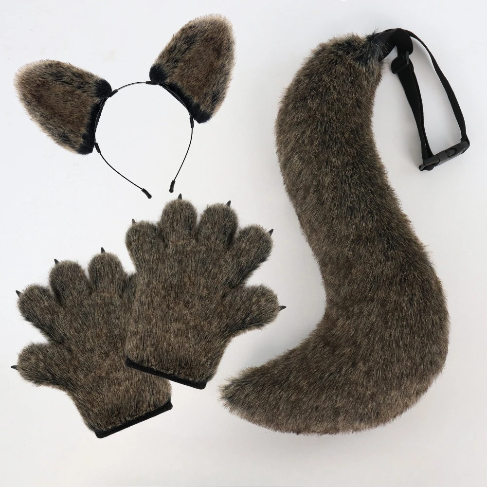 

New Wolf Claw Gloves Halloween Plush Wolf Ear Simulation Tail Beast Tail Thermal Gloves Cosplay Props