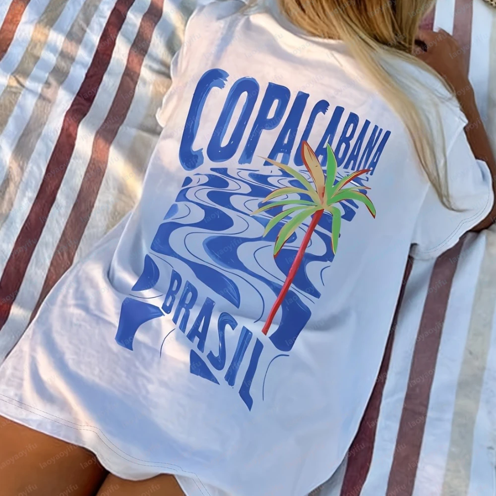 Women's Copacabana T-Shirt Tropical Coconut Tree Brazil Graphic Beach Vacation Essential Relaxed Outing Attire Stylish Beachwear