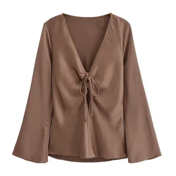 Kar&Otza Autumn new women's clothing French style elegant bow decoration silk satin texture long sleeved shirt