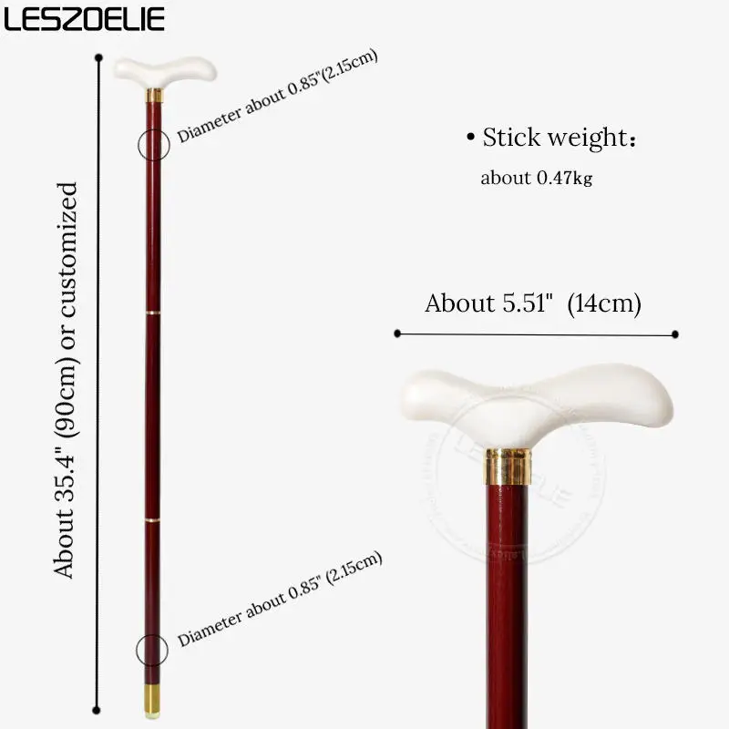 Elegant Lightweight 90cm Walking Cane with White T Handle Detachable Wine Red Wooden Shaft And Gold Trim for Men And Women