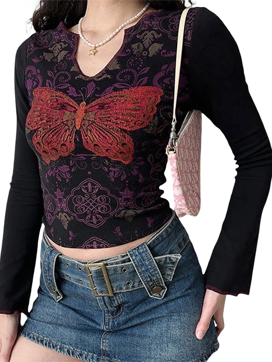 New Fashion Women Notched V Neck Tops Vintage Butterfly Print Long Sleeve Slim Fit T-Shirt Casual Blouse Hot Sale S-XL