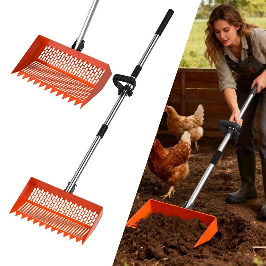Poop Scooper amp Rake 2in1 12 بوصة رأس مجرفة أمبير 3 زاوية قابلة للتعديل 304 مقبض من الفولاذ المقاوم للصدأ، مغرفة فضلات الدجاج وحظيرة R