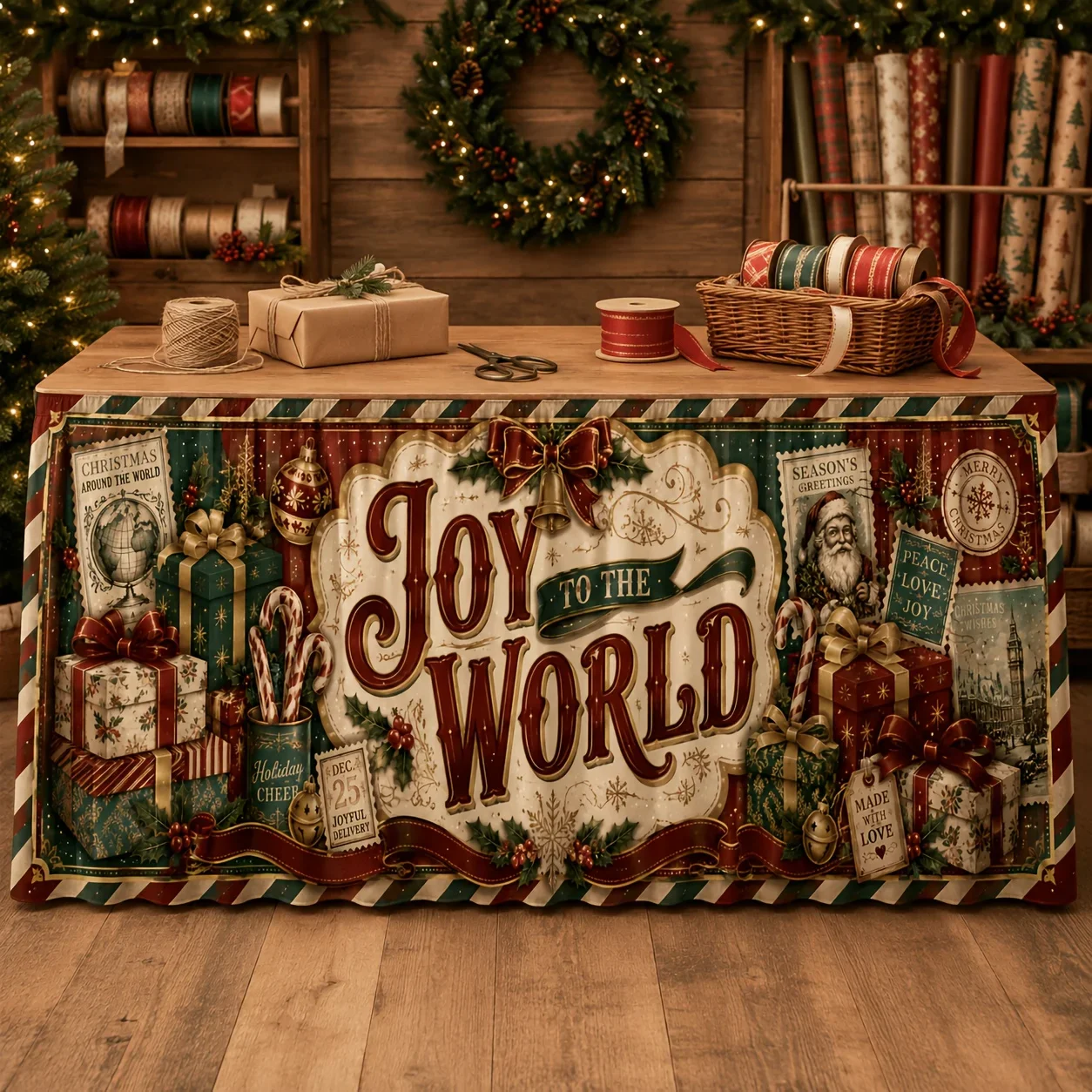 Polyester vintage table skirt, Merry Christmas, Christmas gift box, Candy stick, Gardenia decoration, Seal, Globexzj