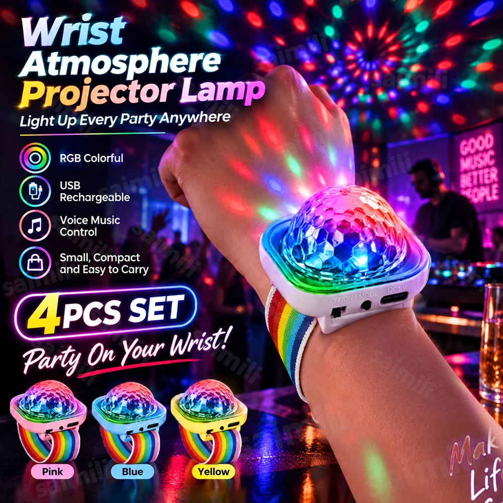 4PCS USB Wrist Disco Ball Light Wearable RGB Sound Control Bracelet Lamp Colorful Flashing Light Night Light For Home Party