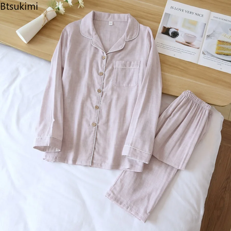 Spring/Autumn 100% Cotton Color-spun Yarn Pajamas Couple Long Sleeve Pants Pajamas 2PCS Women's Home Clothes Sleepwear Nightwear