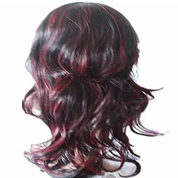 Fashion wanita panjang hitam campuran merah keriting Wig Cosplay dengan poni