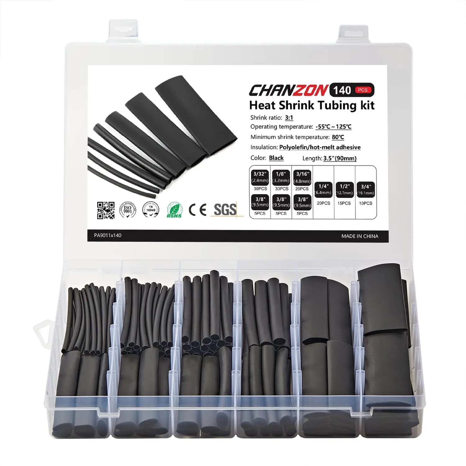 

140 Pcs Heat Shrink Tubing Kit, 3:1 Ratio, 3.5" Length, Assorted Sizes, Waterproof Electrical Insulation