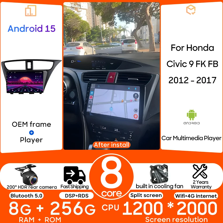 

Android 15 для Honda Civic 9 FK FB 2012-2017 Автомобильный мультимедийный плеер Carplay Навигация Радио Авто головное устройство Видео Стерео GPS BT
