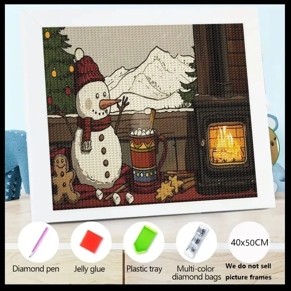 

Набор для алмазной вышивки 40x50 см (без рамы) - Праздничная зимняя рождественская сцена: Снеговик у камина с горячим шоколадом и имбирным печеньем