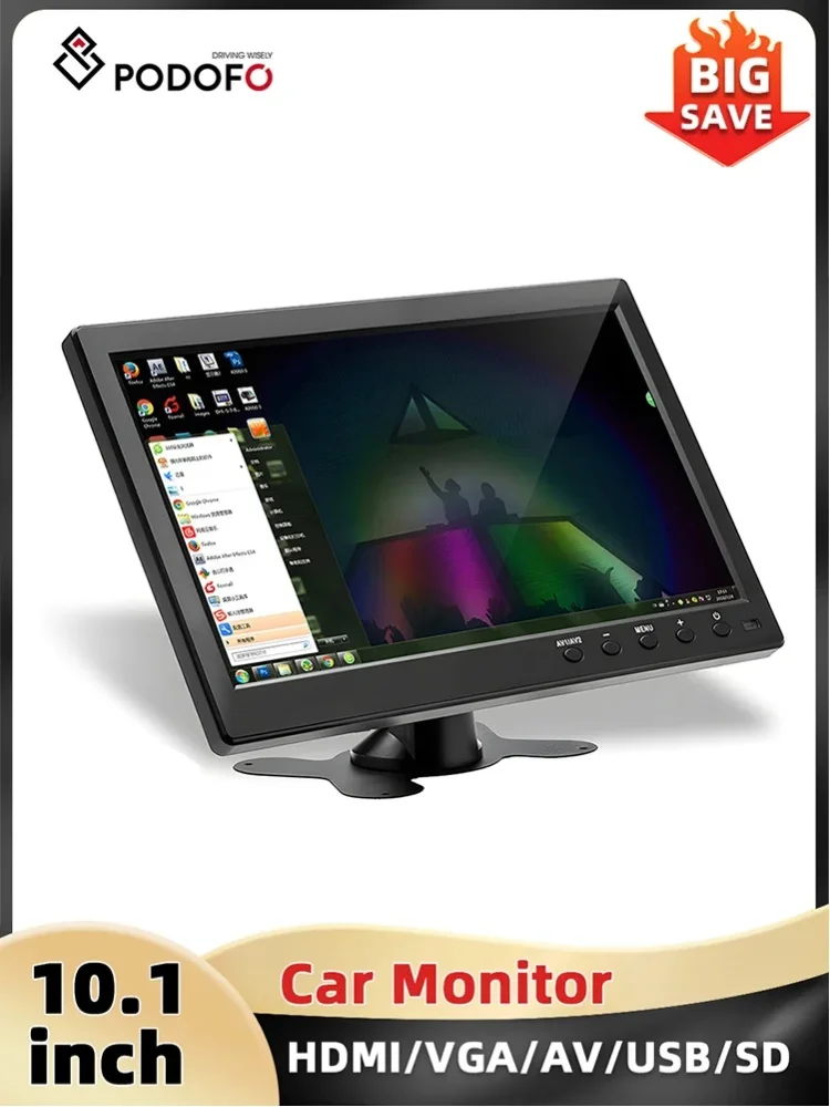 Monitor samochodowy Podofo 10.1'' z wyświetlaczem TFT LCD HD, cyfrowym ekranem, wejściami wideo HDMI/VGA/AV/USB/SD, kompatybilny z PC/TV/DVD. — 2