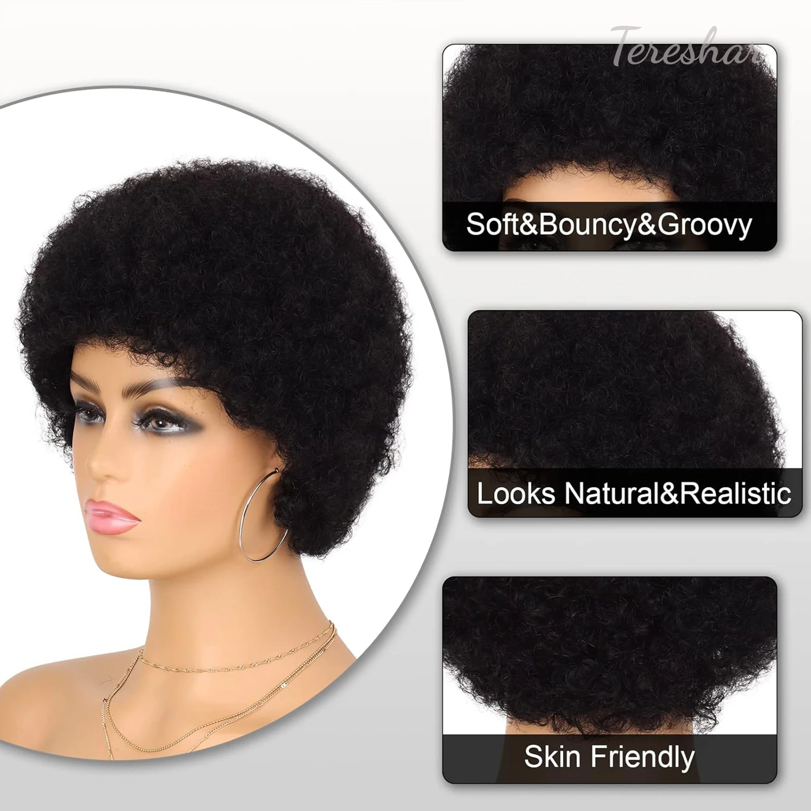 Tereshar Krótka Afro Kręcone Ludzkie Włosy Peruka dla Czarnych Kobiet Peruki Afro Kinky Afro 70s Afro Puff Peruka z Grzywką Peruki Wykonane Maszynowo