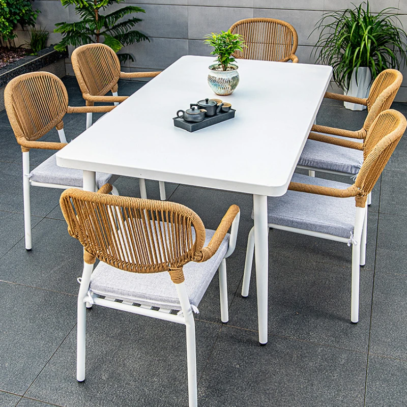 Outdoor rattan weaving, high-end courtyard, garden, plastic wood, simple and casual white tables and chairs