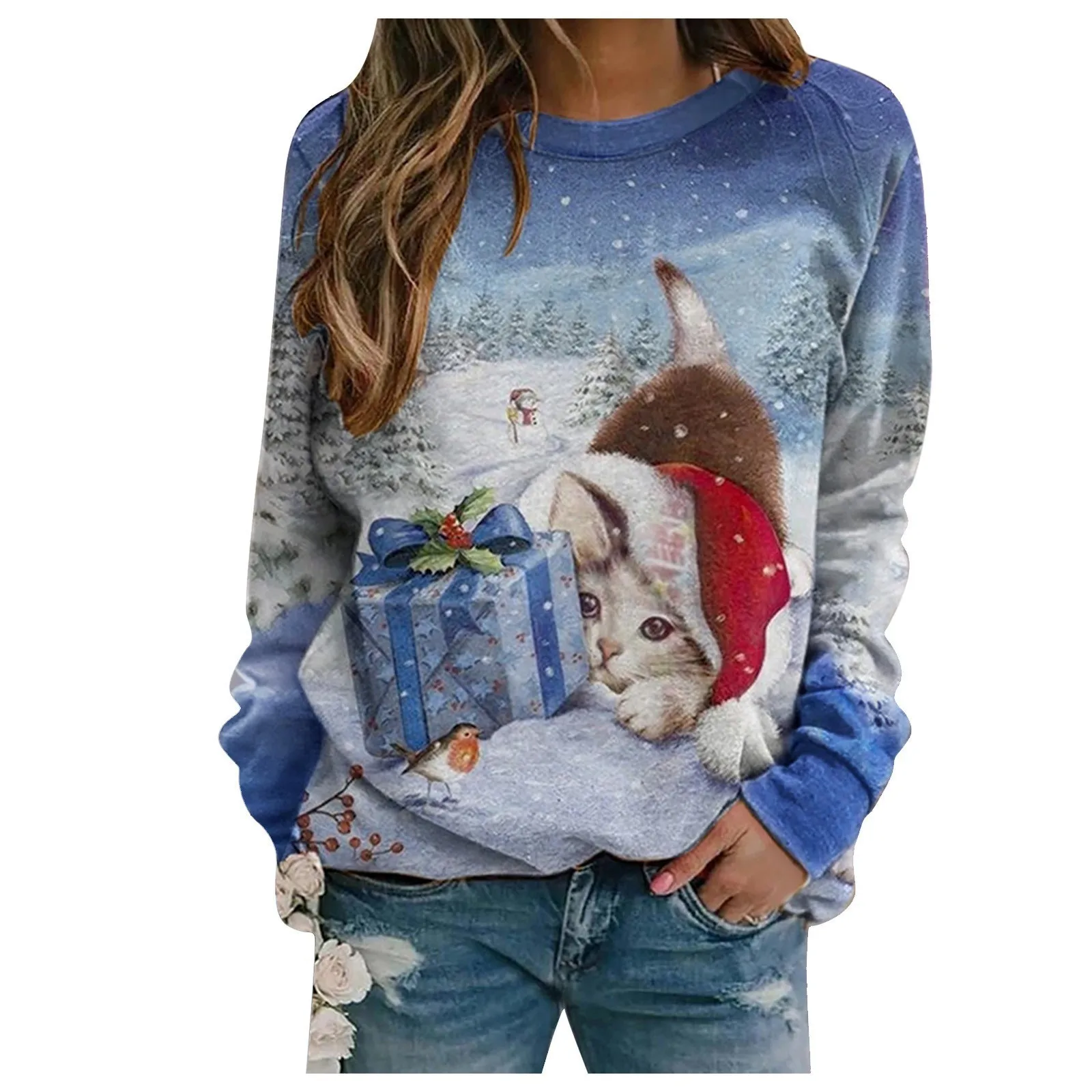 Women\'s Casual Fashion Christmas Print Long Sleeve O-Neck Pullover Top 한국인 후기 많은 옷 한국인 리뷰 많은 옷 korean popular clothes y2k