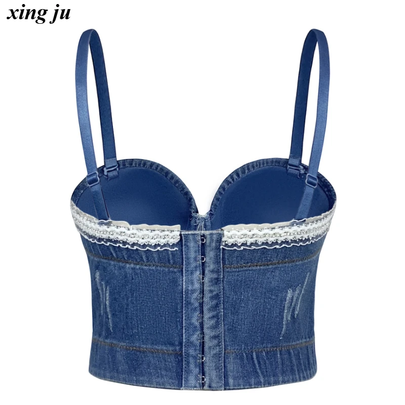 싱주 파티 핫걸 블루 데님 백리스 크롭탑 여성 재즈 댄스 의상 나이트클럽 DJ 섹시 레이스 비즈 체인 베스트 무대 의상