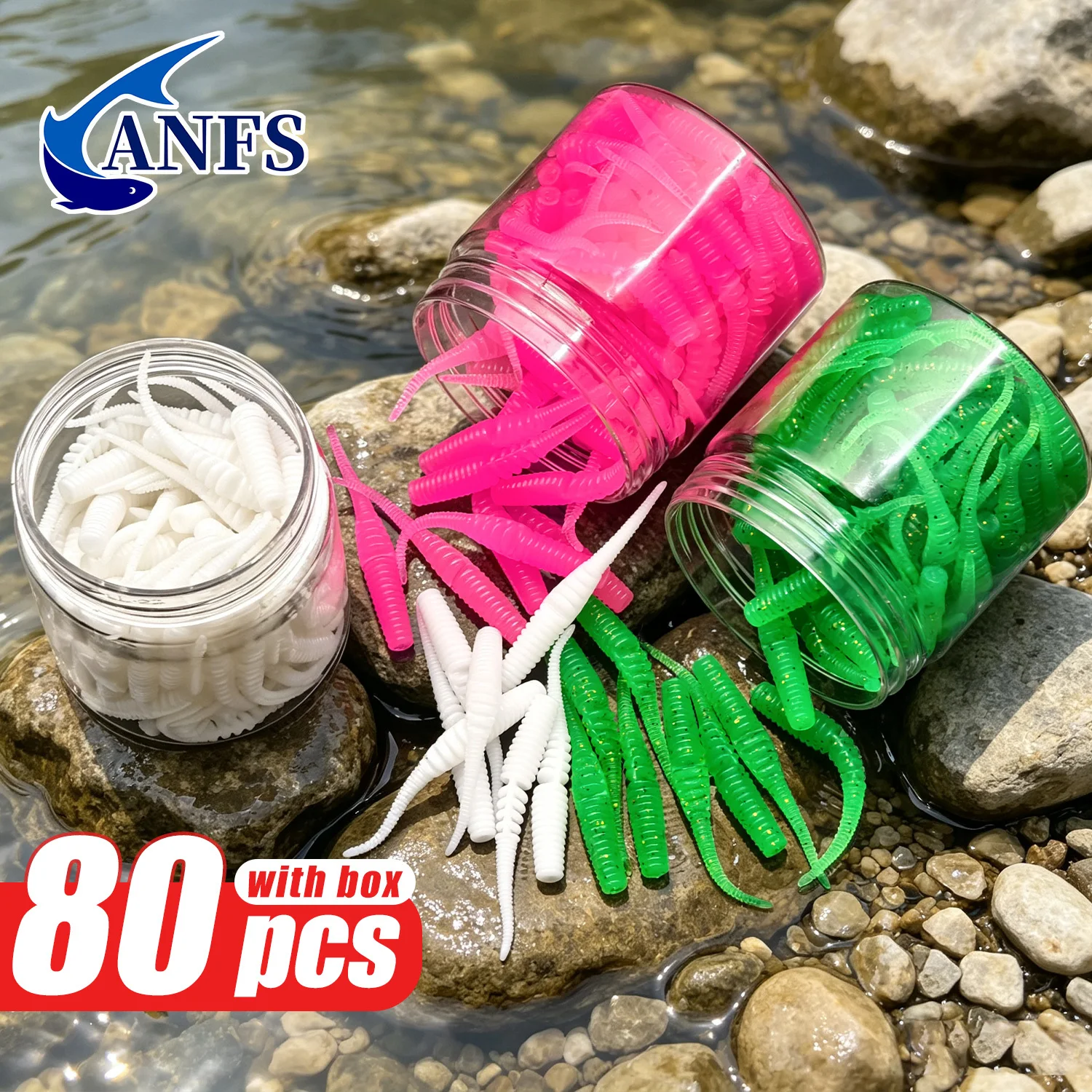 ANFS 80pcs/box Soft Fishing Lure 5.5cm Rock fish TPR Worm Ice Jig Artificial Baits Bass Tackle