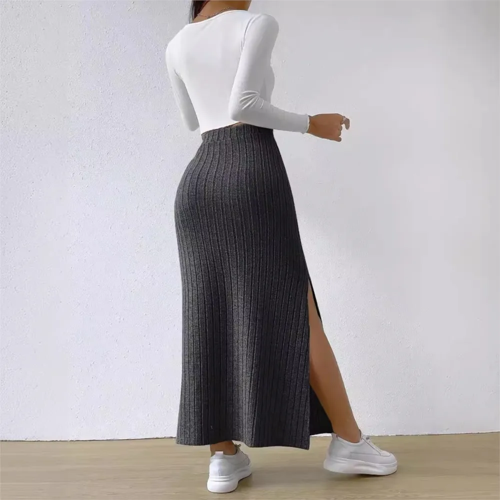 2024 Jesienna nowa dzianinowa długa spódnica z wysokim stanem dla kobiet Faldas Mujeres Office Lady Solid Color Casual Skirts — zdjęcie 5