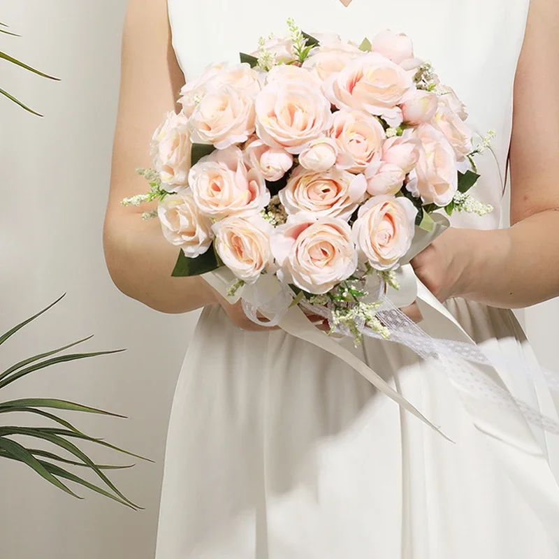 Ramo de novia de rosas blancas, ramo de lanzamiento para ceremonia de boda, aniversario, despedida de soltera, decoración de mesa de comedor, fiesta de boda, 1 ud.