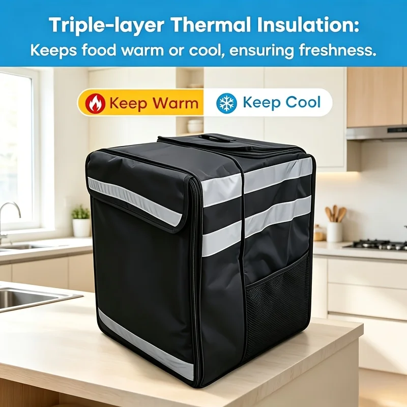 Expandable Insulated Takeout Delivery Backpack Large Reflective Strips Multi Compartments Temperature Keeping Outdoor Non Food
